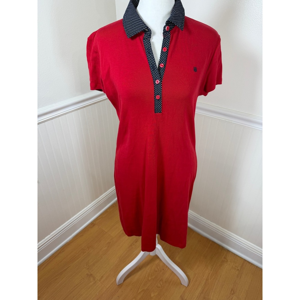 Tommy Hilfiger Polo‎ Dress Women Small Red Polka Dot Trim Short Sleeve Preppy